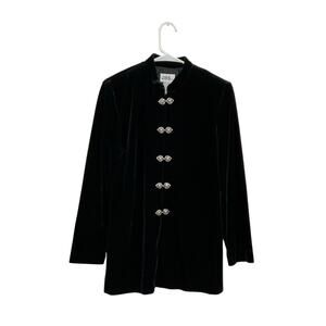 VTG 90s Womens Black Velvet Jacket Silver Clasps Stretch High Neck Sz 10 Vampire